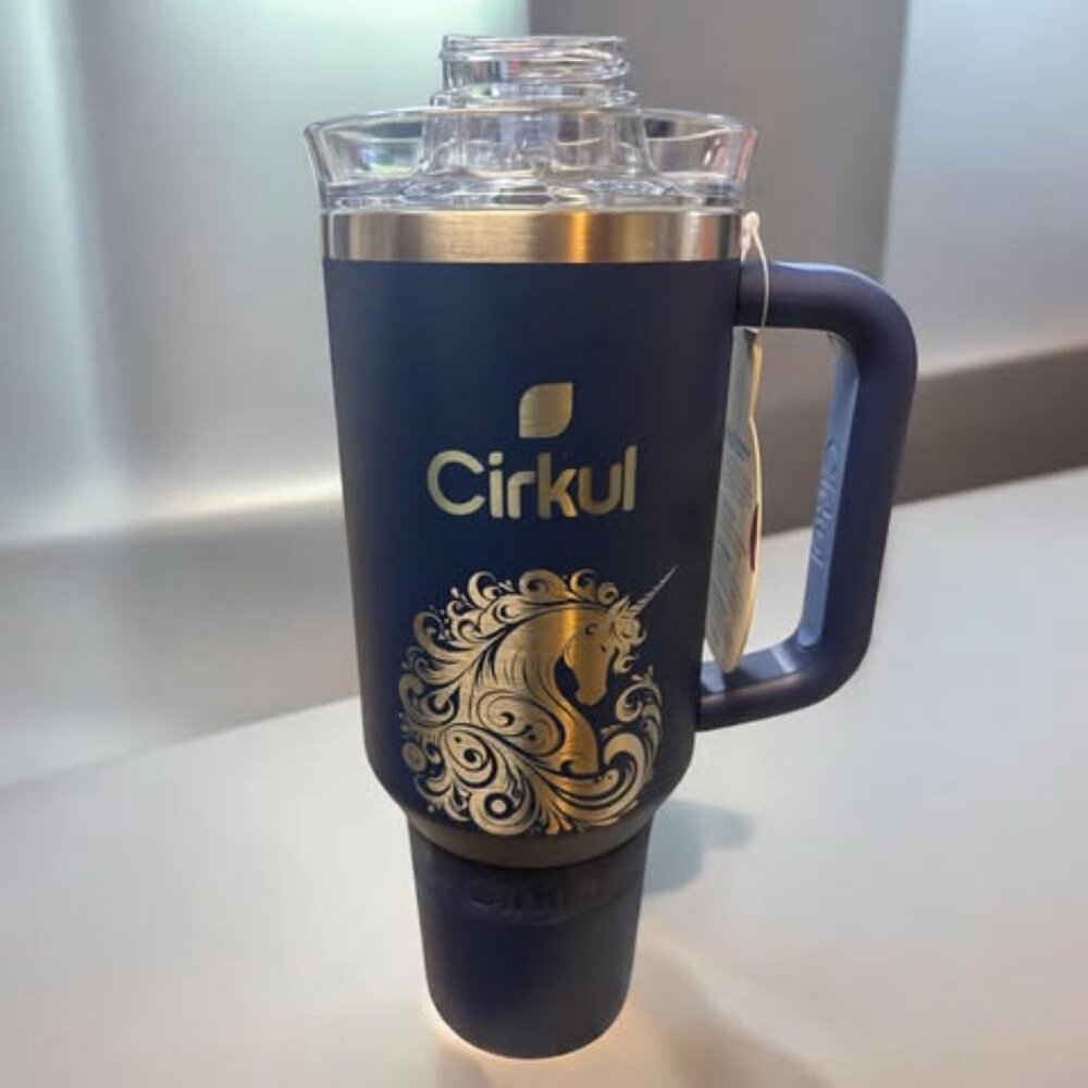New Cirkul 40 oz Stainless Steel Tumbler Laser Engraved Unicorn Themed Blue